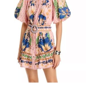 FARM Rio Pink Puff Sleeve Ruffled Blouse